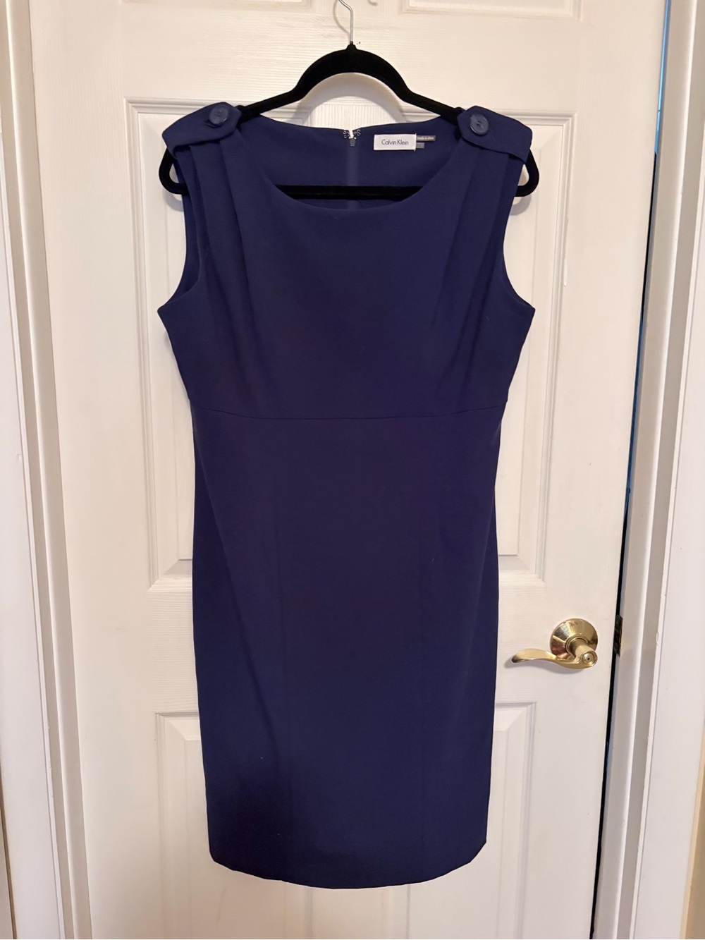Calvin Klein Sleeveless Navy Sheath Dress with Buttoned Shoulder Tabs